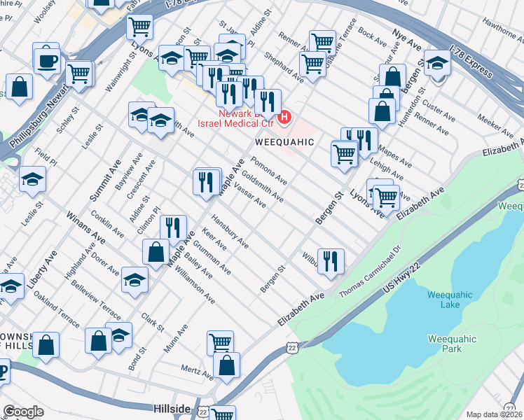 map of restaurants, bars, coffee shops, grocery stores, and more near 122 Parkview Terrace in Newark