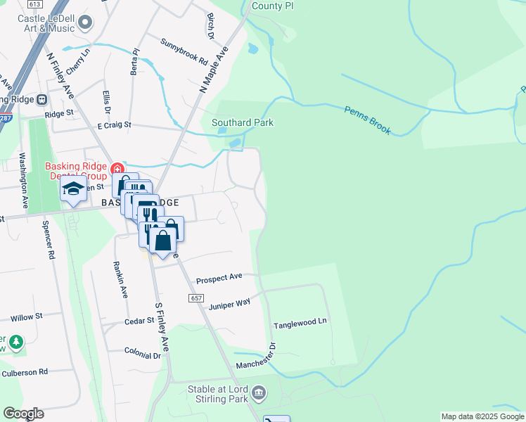 map of restaurants, bars, coffee shops, grocery stores, and more near 126c Manchester Drive in Basking Ridge