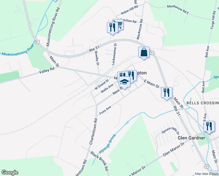 map of restaurants, bars, coffee shops, grocery stores, and more near 54 New Street in Hampton