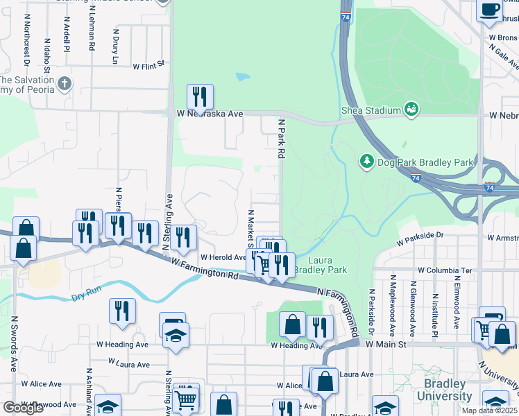 map of restaurants, bars, coffee shops, grocery stores, and more near 2114 West Dakota Street in West Peoria