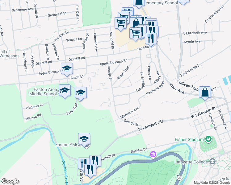 map of restaurants, bars, coffee shops, grocery stores, and more near 548 Toboggan Trail in Easton