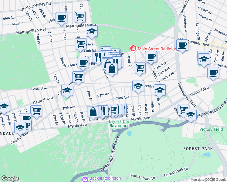 map of restaurants, bars, coffee shops, grocery stores, and more near 79-73 78th Avenue in Queens
