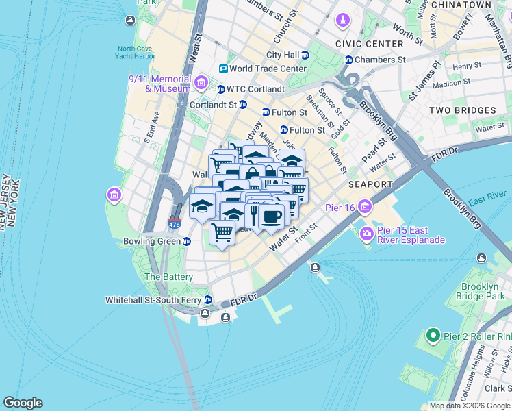 map of restaurants, bars, coffee shops, grocery stores, and more near 19 William Street in New York