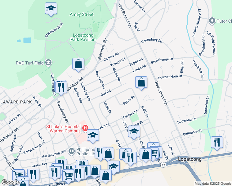 map of restaurants, bars, coffee shops, grocery stores, and more near 549 Edward Street in Phillipsburg