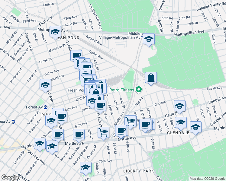 map of restaurants, bars, coffee shops, grocery stores, and more near 68-17 64th Place in Queens