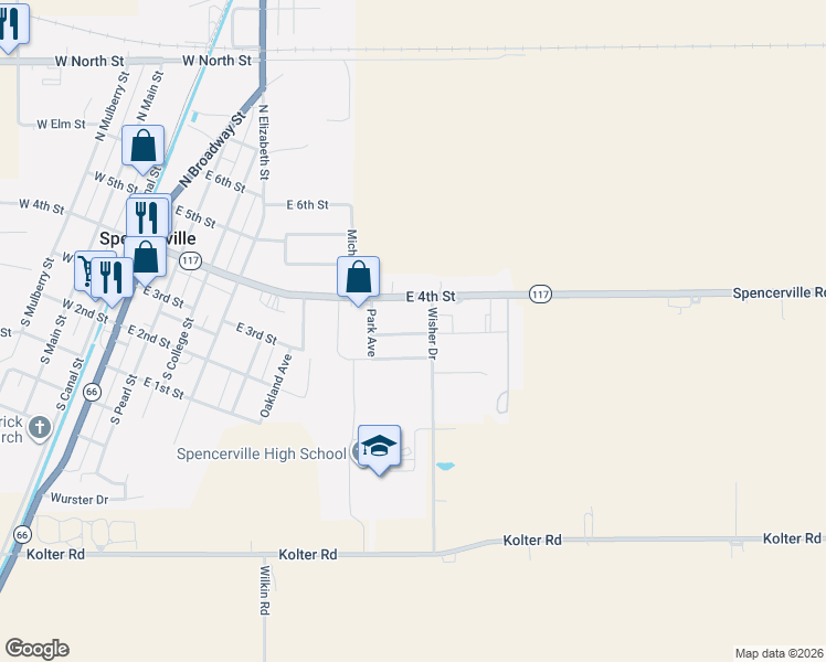 map of restaurants, bars, coffee shops, grocery stores, and more near 606 Sunset Avenue in Spencerville