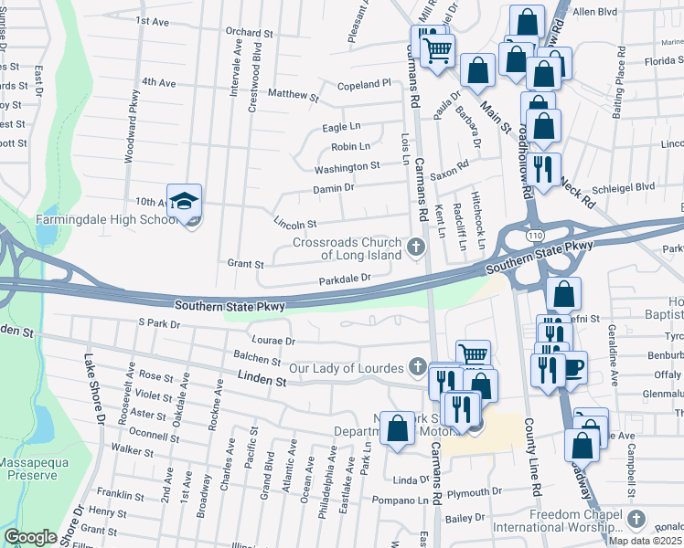 map of restaurants, bars, coffee shops, grocery stores, and more near 17 Parkdale Drive in Farmingdale