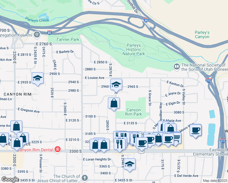 map of restaurants, bars, coffee shops, grocery stores, and more near 2986 South 2900 East in Salt Lake City