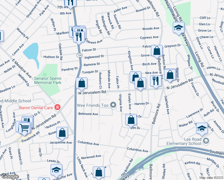 map of restaurants, bars, coffee shops, grocery stores, and more near 2585 North Jerusalem Road in East Meadow