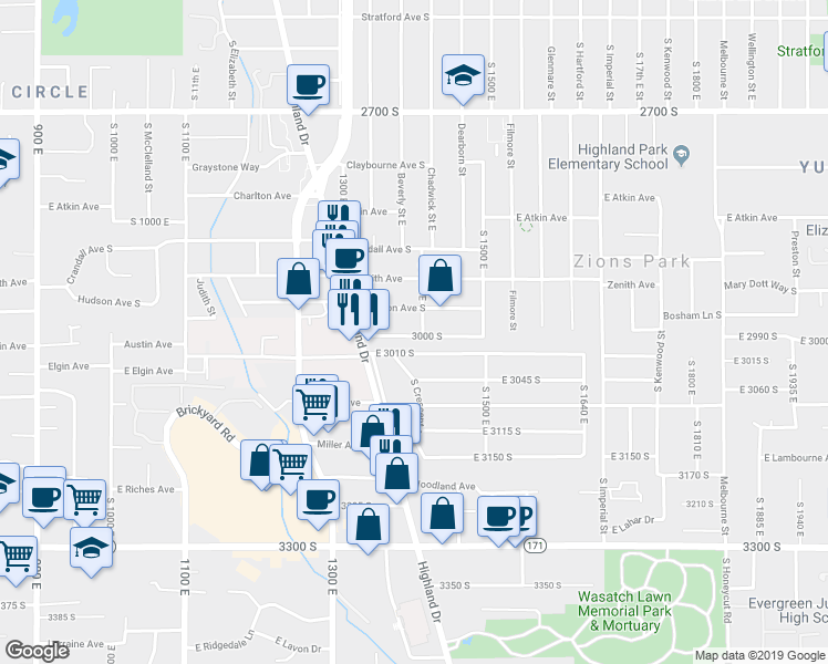 map of restaurants, bars, coffee shops, grocery stores, and more near 2978 South 1400 East in Salt Lake City
