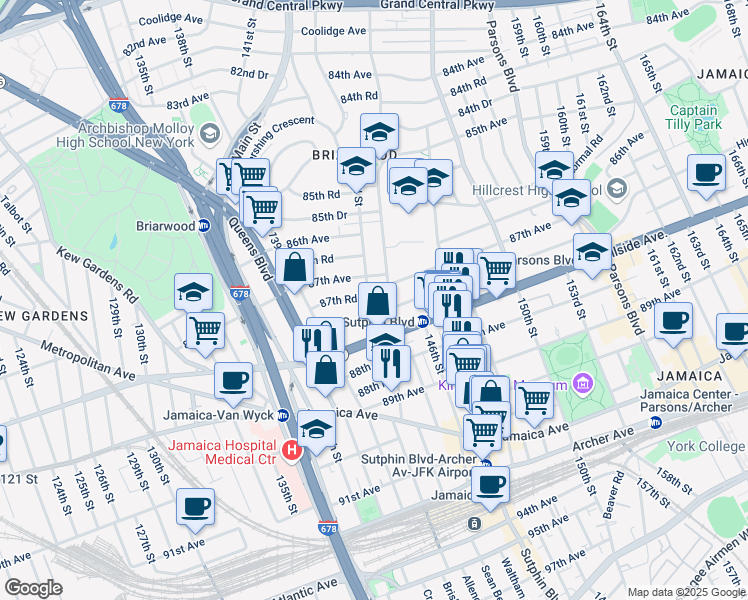 map of restaurants, bars, coffee shops, grocery stores, and more near 87-27 143rd Street in Queens