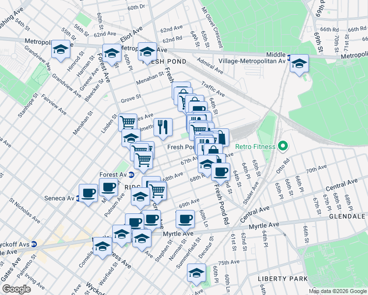 map of restaurants, bars, coffee shops, grocery stores, and more near 66-16 60th Lane in Queens