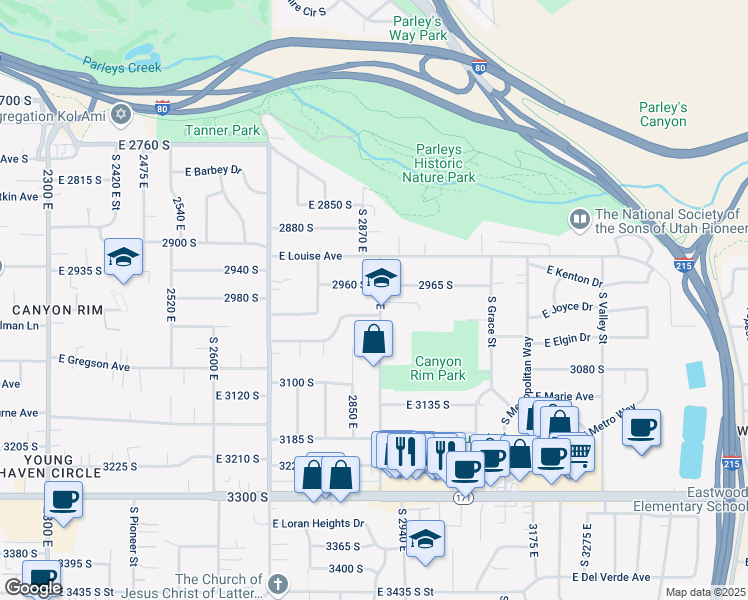 map of restaurants, bars, coffee shops, grocery stores, and more near 2986 South 2900 East in Salt Lake City