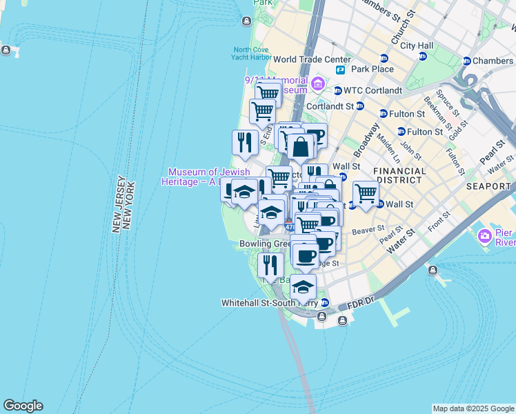 map of restaurants, bars, coffee shops, grocery stores, and more near 30 West Street in New York