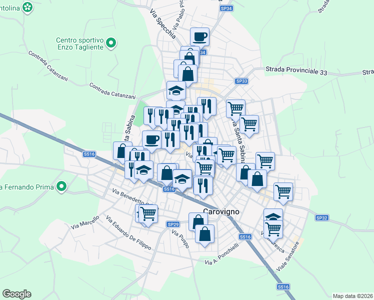 map of restaurants, bars, coffee shops, grocery stores, and more near 28 Corso Vittorio Emanuele in Carovigno