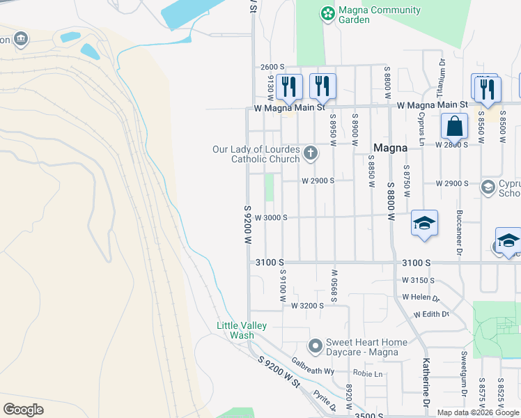 map of restaurants, bars, coffee shops, grocery stores, and more near 2978 South 9150 West in Magna