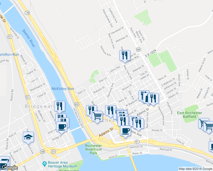 map of restaurants, bars, coffee shops, grocery stores, and more near 248 Webster Street in Rochester