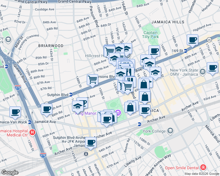 map of restaurants, bars, coffee shops, grocery stores, and more near 152-09 88th Avenue in Queens