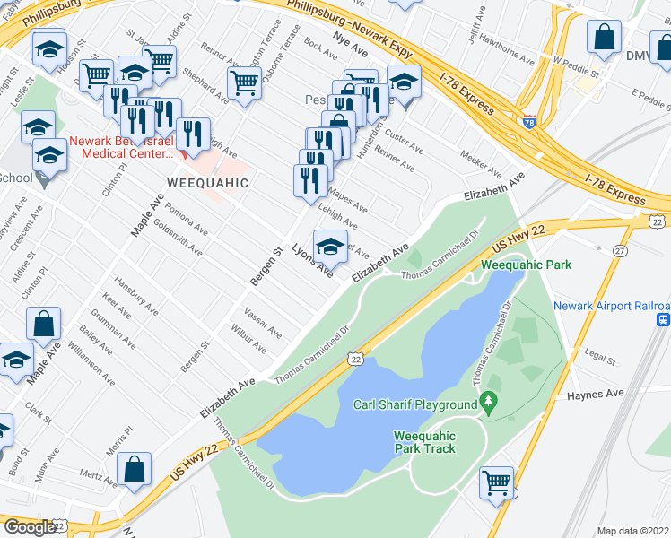 map of restaurants, bars, coffee shops, grocery stores, and more near 42-44 Stengel Avenue in Newark