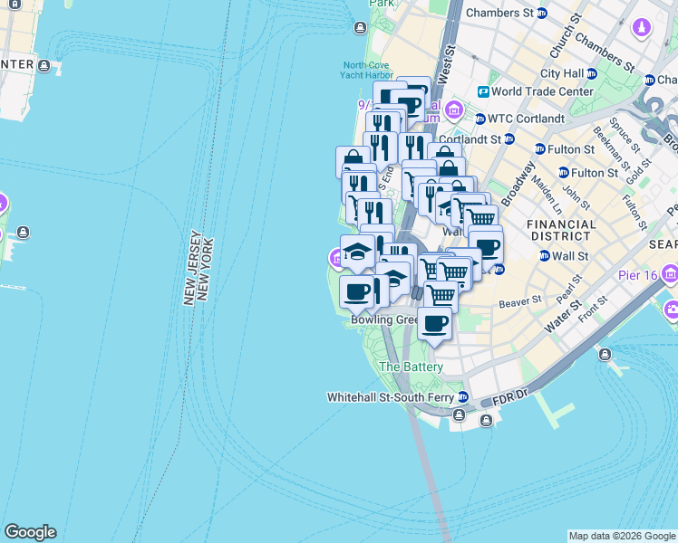 map of restaurants, bars, coffee shops, grocery stores, and more near 36 Battery Place in New York