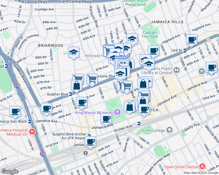 map of restaurants, bars, coffee shops, grocery stores, and more near 152-09 88th Avenue in Queens