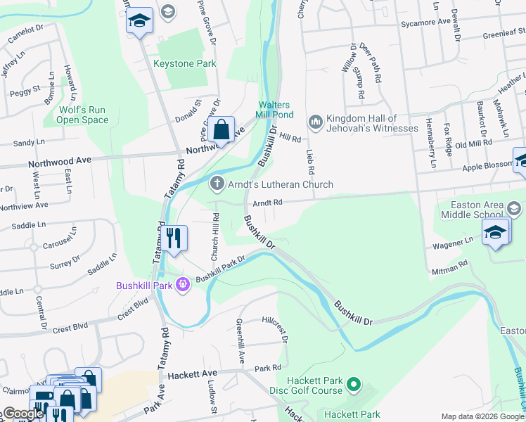 map of restaurants, bars, coffee shops, grocery stores, and more near 1701 Arndt Road in Easton