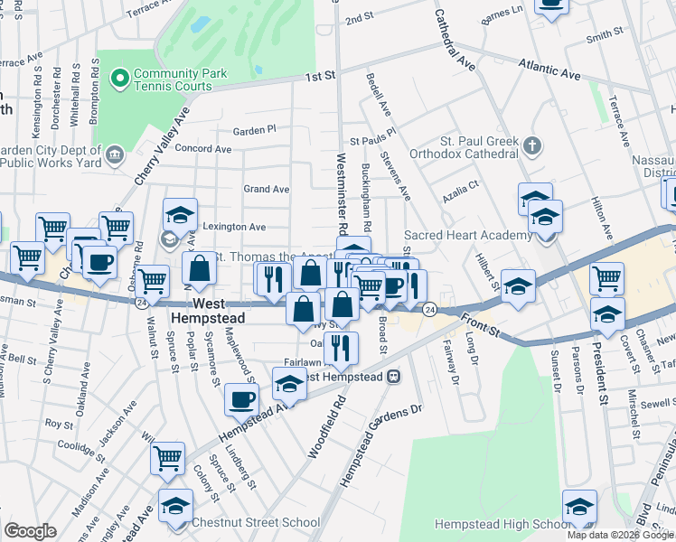 map of restaurants, bars, coffee shops, grocery stores, and more near 69 Westminster Road in West Hempstead