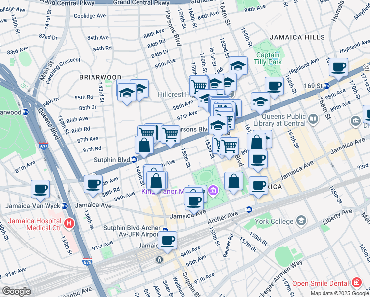 map of restaurants, bars, coffee shops, grocery stores, and more near 150-11 Hillside Avenue in Queens