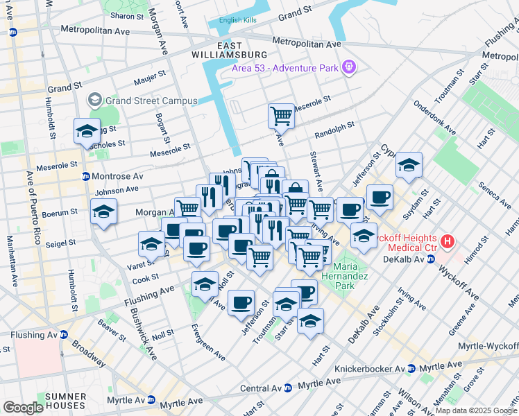 map of restaurants, bars, coffee shops, grocery stores, and more near 70 Porter Avenue in Brooklyn