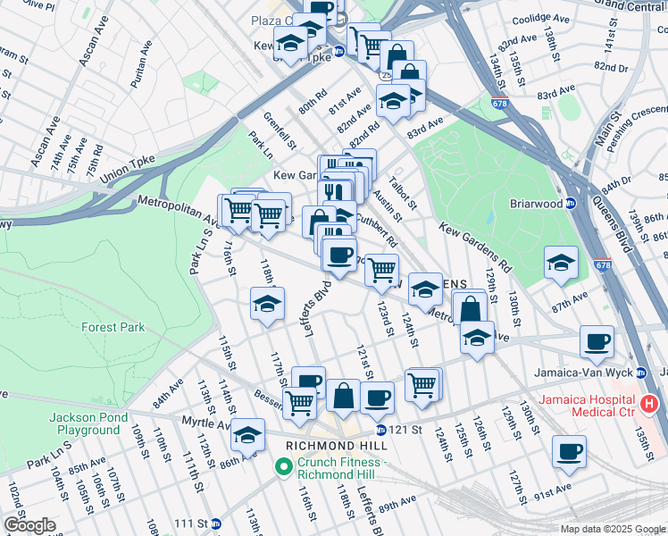 map of restaurants, bars, coffee shops, grocery stores, and more near 119-07 Metropolitan Avenue in Queens