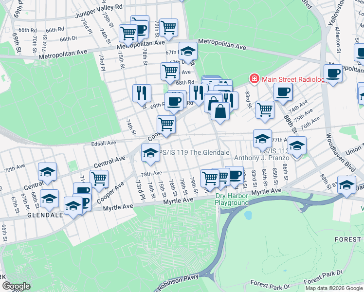 map of restaurants, bars, coffee shops, grocery stores, and more near 76-05 79th Street in Queens
