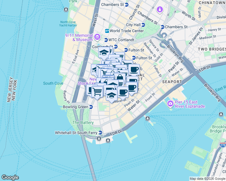 map of restaurants, bars, coffee shops, grocery stores, and more near 57 Exchange Place in New York