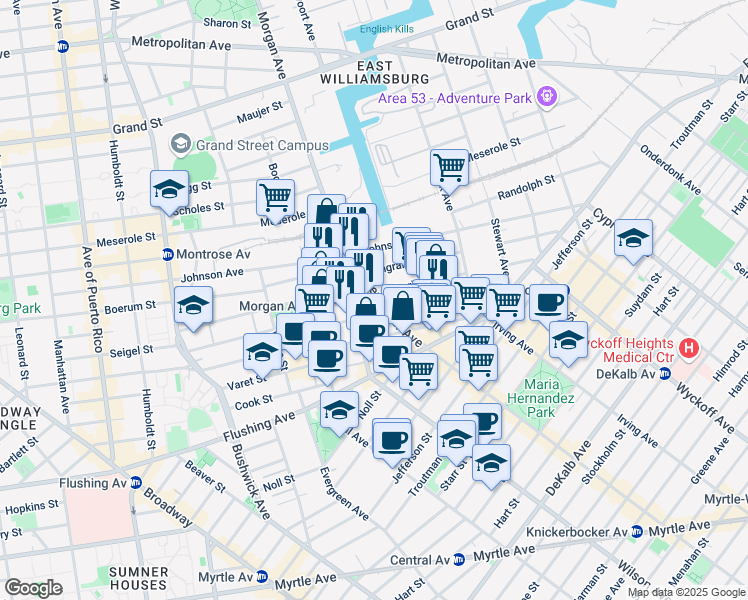 map of restaurants, bars, coffee shops, grocery stores, and more near 78-80 Ingraham Street in Brooklyn