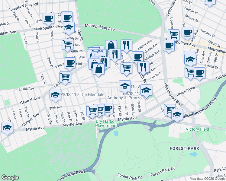 map of restaurants, bars, coffee shops, grocery stores, and more near 83-01 77th Avenue in Queens