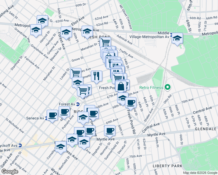 map of restaurants, bars, coffee shops, grocery stores, and more near 60-39 Madison Street in Queens