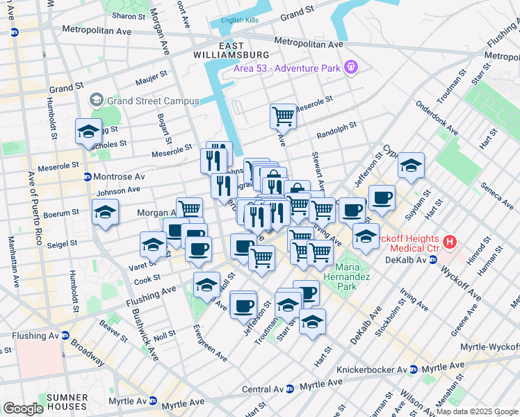 map of restaurants, bars, coffee shops, grocery stores, and more near 70 Porter Avenue in Brooklyn
