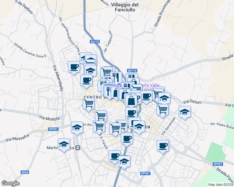 map of restaurants, bars, coffee shops, grocery stores, and more near 18 Via Malta in Martina Franca