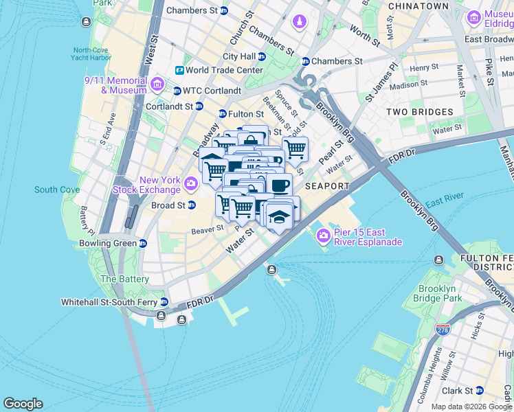 map of restaurants, bars, coffee shops, grocery stores, and more near 101 Maiden Lane in New York