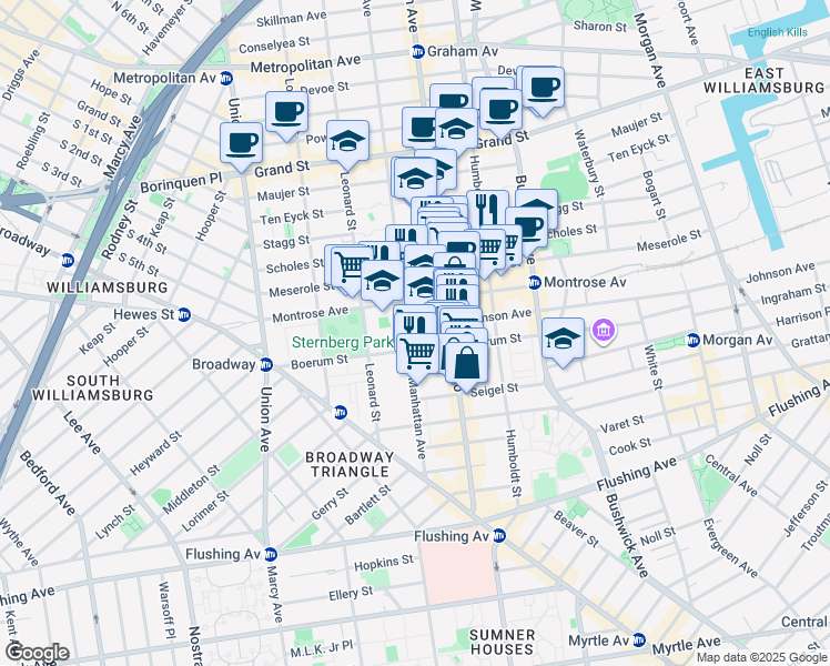 map of restaurants, bars, coffee shops, grocery stores, and more near 138 Montrose Avenue in Brooklyn
