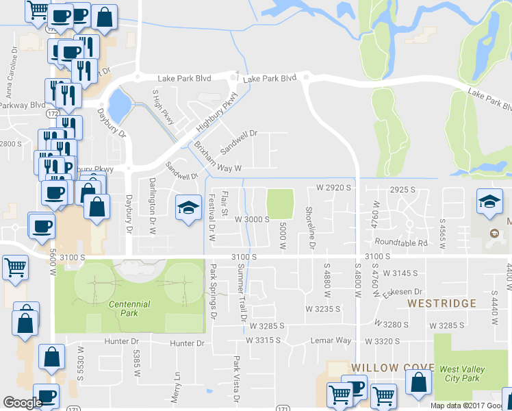 map of restaurants, bars, coffee shops, grocery stores, and more near 2969 Whisper Street in West Valley City