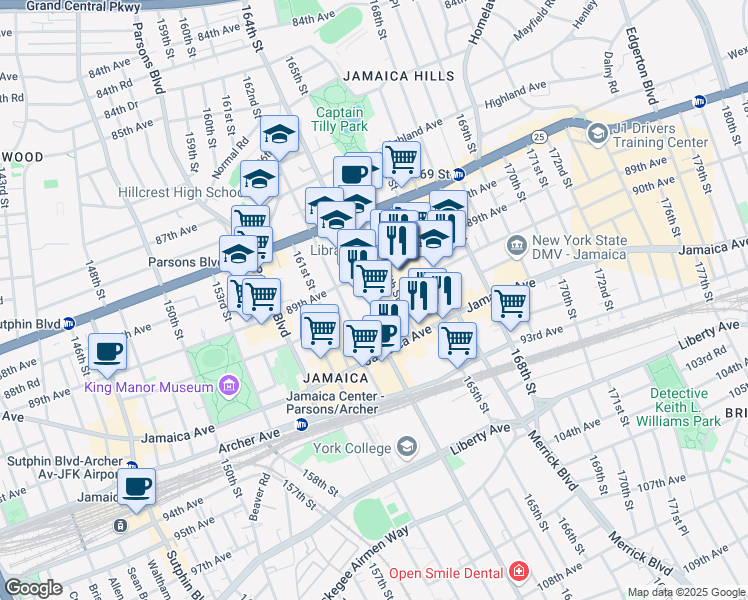 map of restaurants, bars, coffee shops, grocery stores, and more near 89-29 163rd Street in Queens