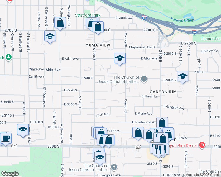 map of restaurants, bars, coffee shops, grocery stores, and more near 3000 Connor Street in Salt Lake City
