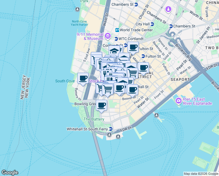 map of restaurants, bars, coffee shops, grocery stores, and more near 39 Broadway in New York