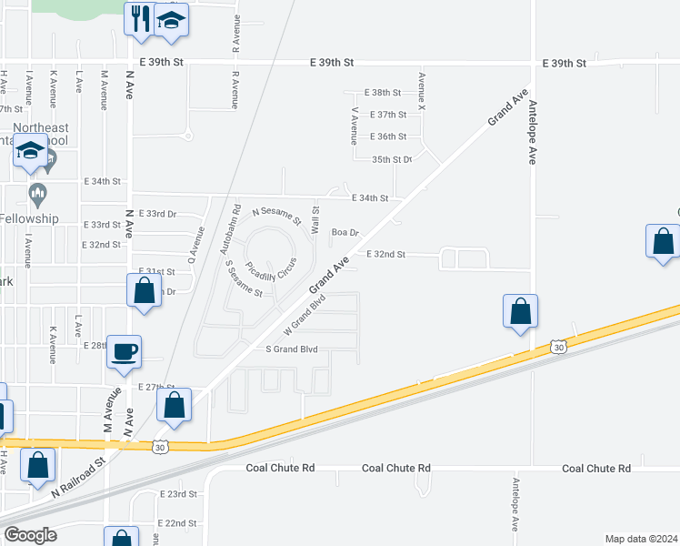 map of restaurants, bars, coffee shops, grocery stores, and more near 3107 Grand Avenue in Kearney