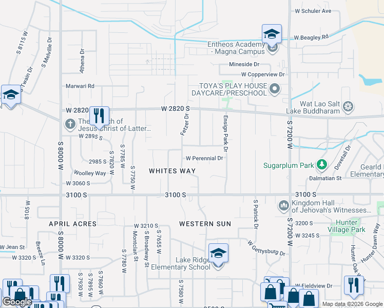 map of restaurants, bars, coffee shops, grocery stores, and more near 7526 Olive Brook Drive in Magna