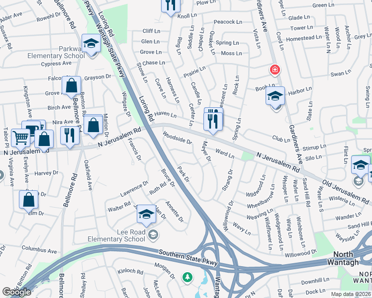 map of restaurants, bars, coffee shops, grocery stores, and more near 761 Woodside Drive in Wantagh