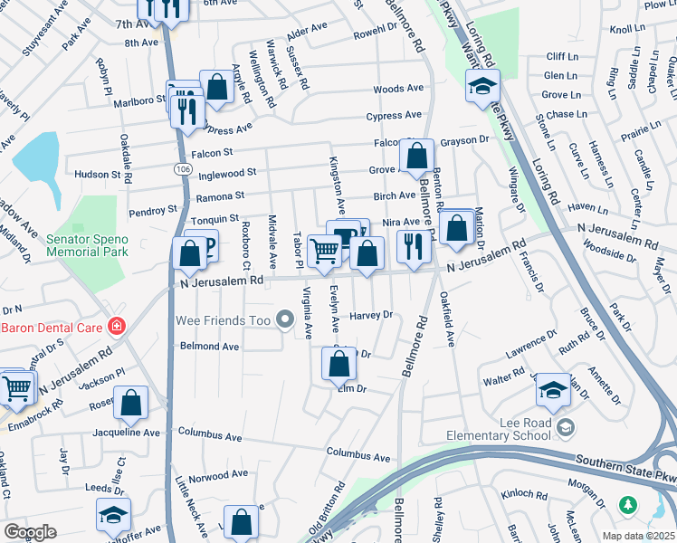 map of restaurants, bars, coffee shops, grocery stores, and more near 652 Vernon Avenue in East Meadow