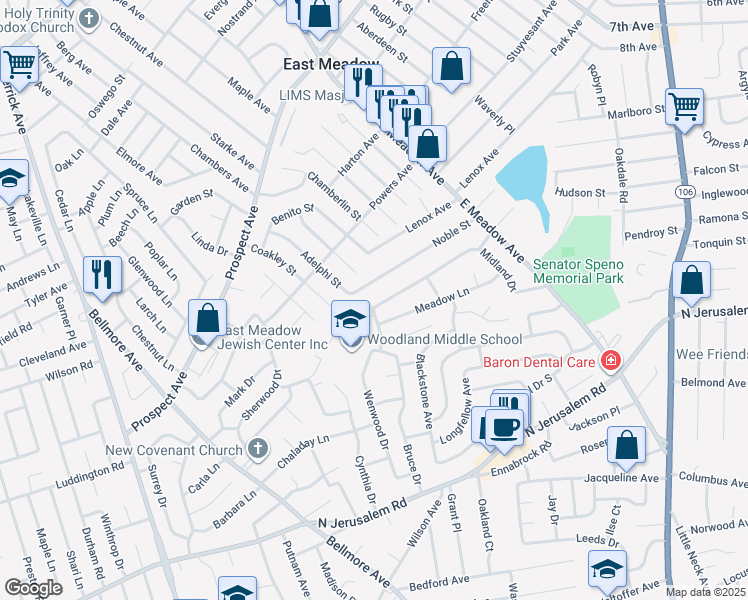 map of restaurants, bars, coffee shops, grocery stores, and more near 1630 Noble Street in East Meadow