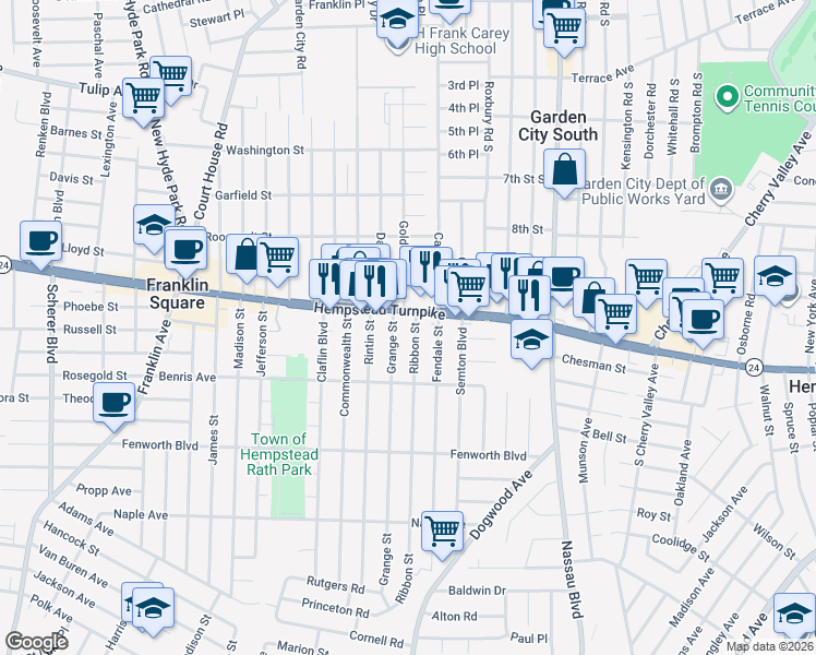 map of restaurants, bars, coffee shops, grocery stores, and more near 726 Hempstead Turnpike in Franklin Square