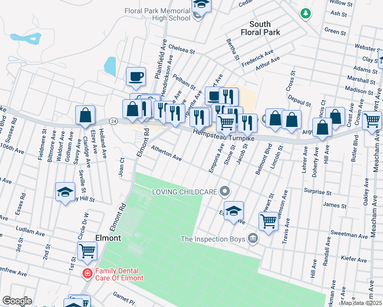 map of restaurants, bars, coffee shops, grocery stores, and more near 82 Terrace Avenue in Elmont